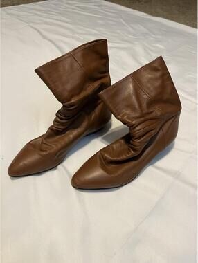 Vintage 80s Brown Leather Ruched Slouch Ankle Boots Pointed Toe Size 8M